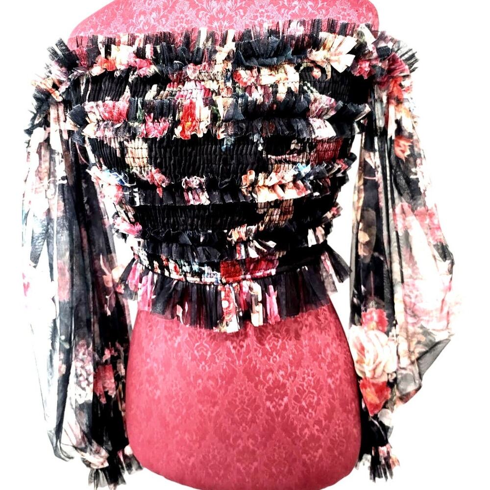 Lace & Bead Floral Sheer Puff Sleeve Smocked Lace Crop Top womans